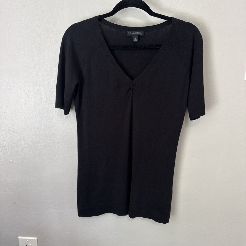 Banana Republic Women Black V Neck Silk Cotton Cashmere Blouse Top Size M